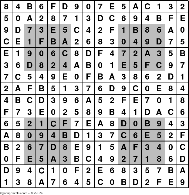 The grouppuzzles.com Answer grid for the HyperSudoku-16 puzzle for Sunday March 3, 2024
