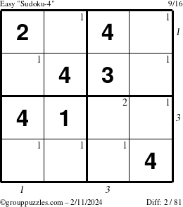 The grouppuzzles.com Easy Sudoku-4 puzzle for Sunday February 11, 2024 with all 2 steps marked