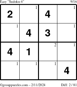 The grouppuzzles.com Easy Sudoku-4 puzzle for Sunday February 11, 2024 with the first 2 steps marked