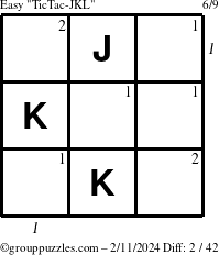 The grouppuzzles.com Easy TicTac-JKL puzzle for Sunday February 11, 2024 with all 2 steps marked