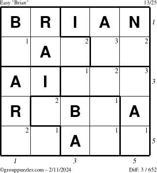 The grouppuzzles.com Easy Brian puzzle for Sunday February 11, 2024 with all 3 steps marked