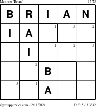The grouppuzzles.com Medium Brian puzzle for Sunday February 11, 2024 with the first 3 steps marked