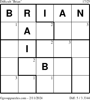 The grouppuzzles.com Difficult Brian puzzle for Sunday February 11, 2024 with the first 3 steps marked