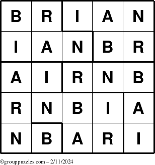 The grouppuzzles.com Answer grid for the Brian puzzle for Sunday February 11, 2024