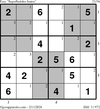 The grouppuzzles.com Easy SuperSudoku-Junior puzzle for Sunday February 11, 2024 with all 3 steps marked