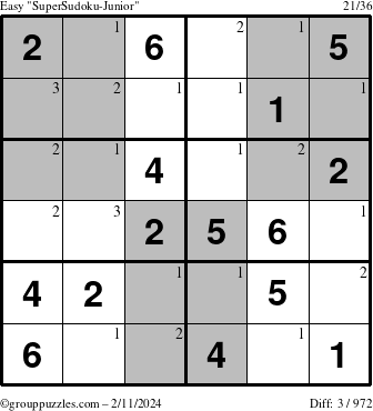 The grouppuzzles.com Easy SuperSudoku-Junior puzzle for Sunday February 11, 2024 with the first 3 steps marked