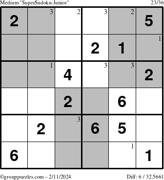 The grouppuzzles.com Medium SuperSudoku-Junior puzzle for Sunday February 11, 2024 with the first 3 steps marked