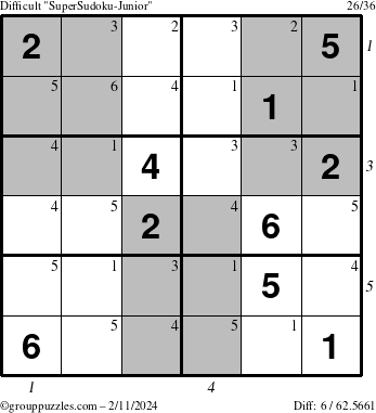 The grouppuzzles.com Difficult SuperSudoku-Junior puzzle for Sunday February 11, 2024 with all 6 steps marked