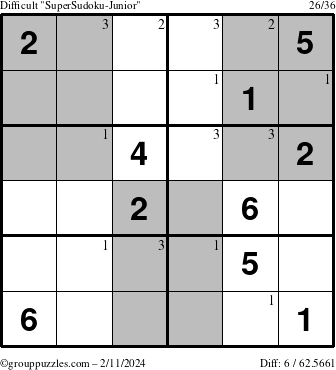 The grouppuzzles.com Difficult SuperSudoku-Junior puzzle for Sunday February 11, 2024 with the first 3 steps marked