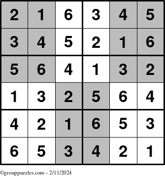 The grouppuzzles.com Answer grid for the SuperSudoku-Junior puzzle for Sunday February 11, 2024