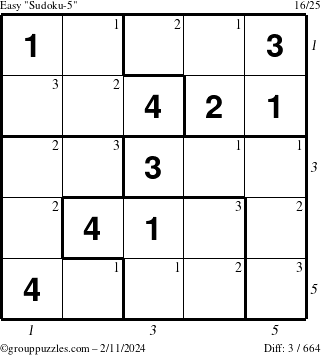 The grouppuzzles.com Easy Sudoku-5 puzzle for Sunday February 11, 2024 with all 3 steps marked