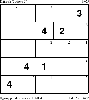The grouppuzzles.com Difficult Sudoku-5 puzzle for Sunday February 11, 2024 with the first 3 steps marked
