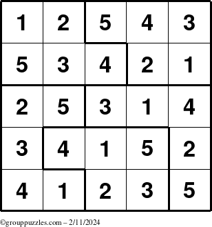 The grouppuzzles.com Answer grid for the Sudoku-5 puzzle for Sunday February 11, 2024