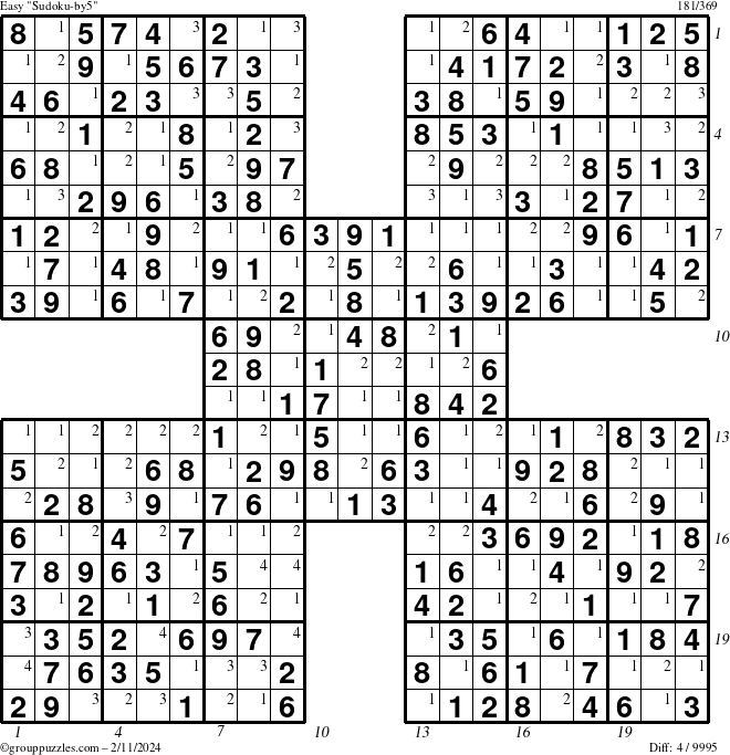 The grouppuzzles.com Easy Sudoku-by5 puzzle for Sunday February 11, 2024 with all 4 steps marked