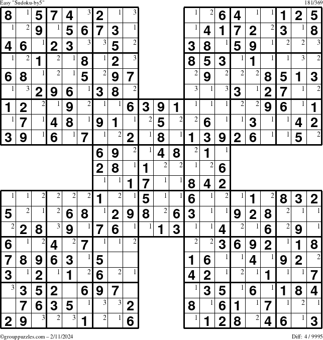 The grouppuzzles.com Easy Sudoku-by5 puzzle for Sunday February 11, 2024 with the first 3 steps marked
