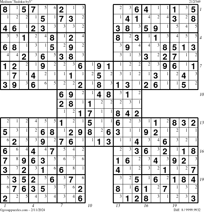 The grouppuzzles.com Medium Sudoku-by5 puzzle for Sunday February 11, 2024 with all 8 steps marked