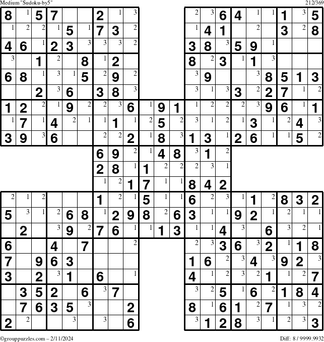 The grouppuzzles.com Medium Sudoku-by5 puzzle for Sunday February 11, 2024 with the first 3 steps marked