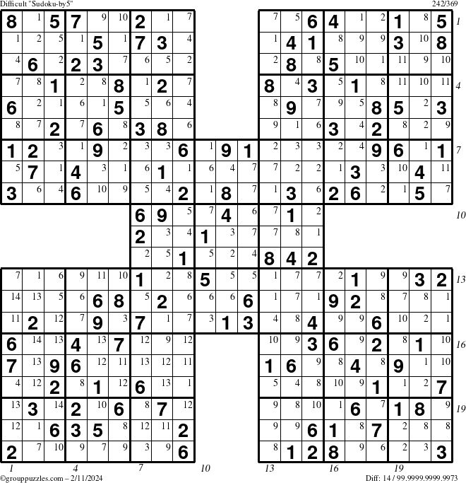 The grouppuzzles.com Difficult Sudoku-by5 puzzle for Sunday February 11, 2024 with all 14 steps marked