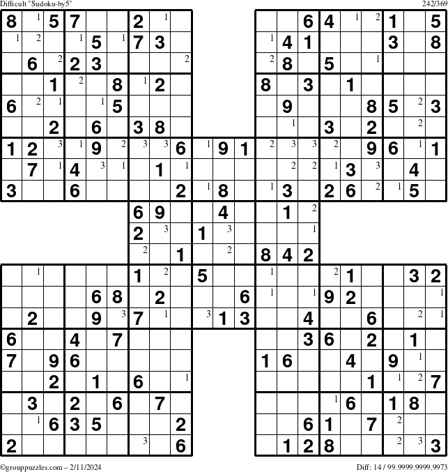 The grouppuzzles.com Difficult Sudoku-by5 puzzle for Sunday February 11, 2024 with the first 3 steps marked
