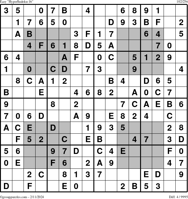 The grouppuzzles.com Easy HyperSudoku-16 puzzle for Sunday February 11, 2024