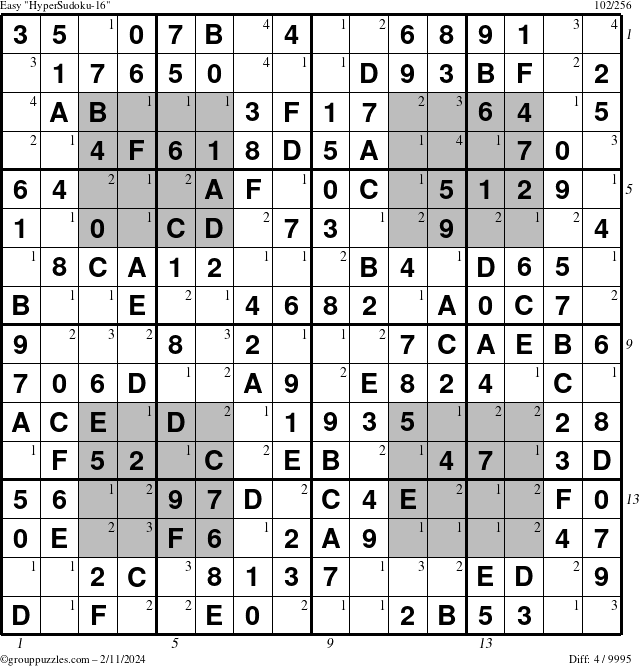 The grouppuzzles.com Easy HyperSudoku-16 puzzle for Sunday February 11, 2024 with all 4 steps marked