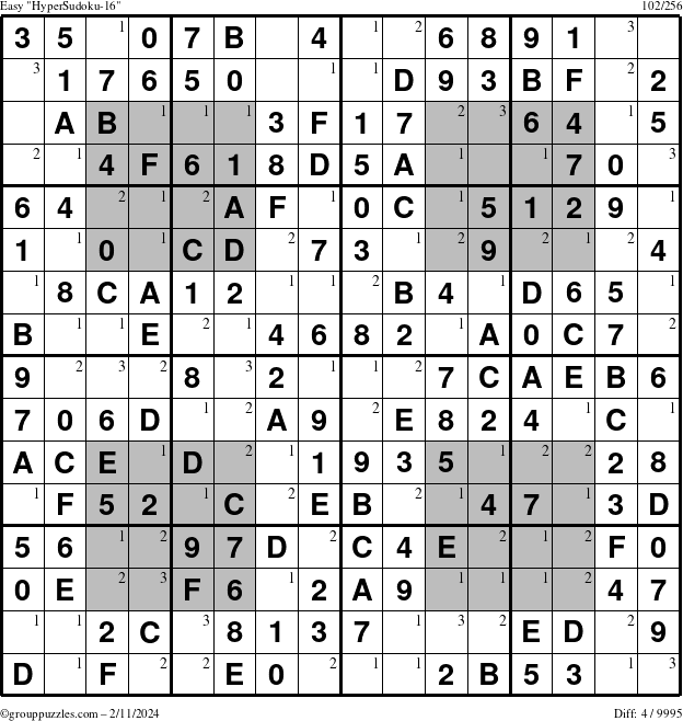 The grouppuzzles.com Easy HyperSudoku-16 puzzle for Sunday February 11, 2024 with the first 3 steps marked