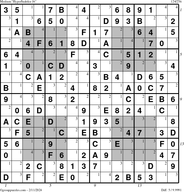 The grouppuzzles.com Medium HyperSudoku-16 puzzle for Sunday February 11, 2024 with all 5 steps marked