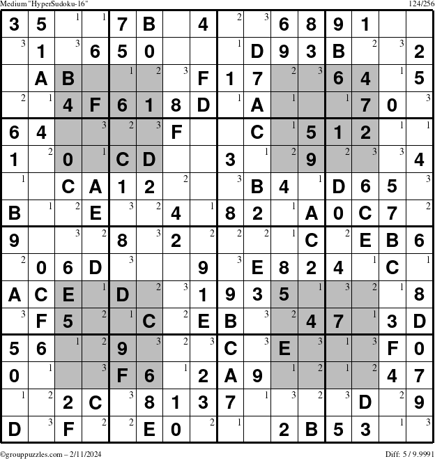 The grouppuzzles.com Medium HyperSudoku-16 puzzle for Sunday February 11, 2024 with the first 3 steps marked
