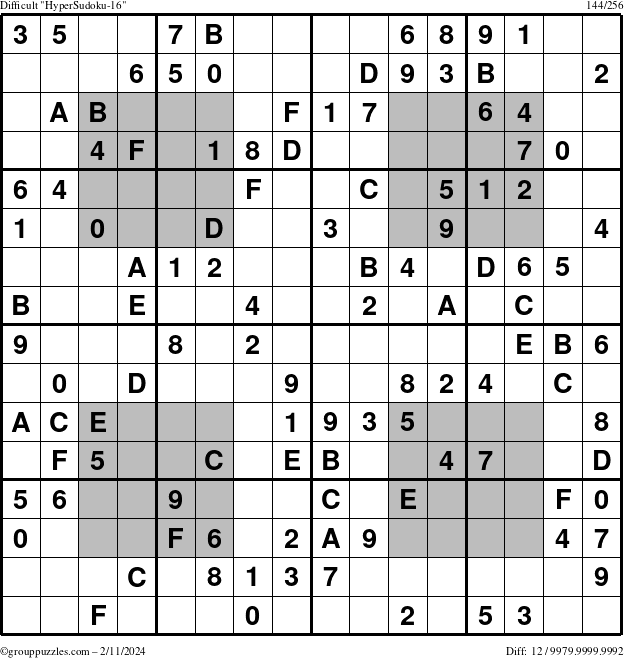 The grouppuzzles.com Difficult HyperSudoku-16 puzzle for Sunday February 11, 2024