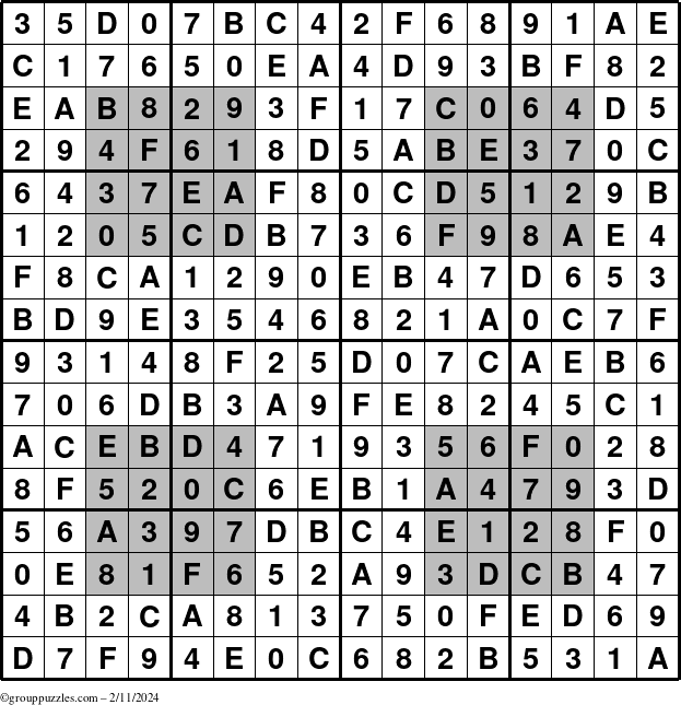 The grouppuzzles.com Answer grid for the HyperSudoku-16 puzzle for Sunday February 11, 2024