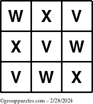 The grouppuzzles.com Answer grid for the TicTac-VWX puzzle for Wednesday February 28, 2024