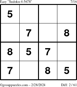 The grouppuzzles.com Easy Sudoku-4-5678 puzzle for Wednesday February 28, 2024