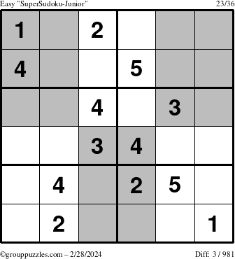The grouppuzzles.com Easy SuperSudoku-Junior puzzle for Wednesday February 28, 2024