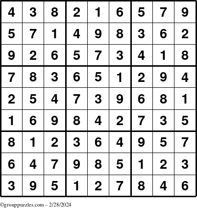 The grouppuzzles.com Answer grid for the Sudoku puzzle for Wednesday February 28, 2024