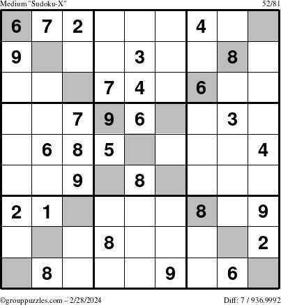 The grouppuzzles.com Medium Sudoku-X puzzle for Wednesday February 28, 2024