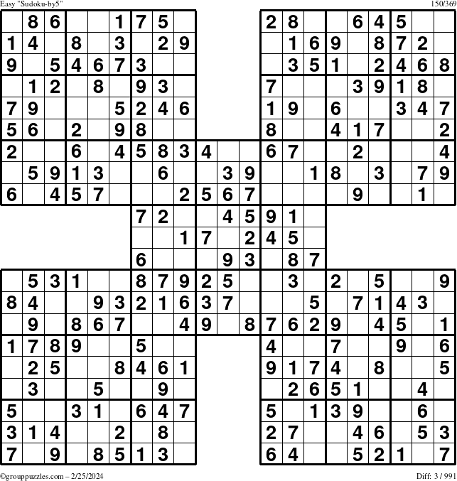 The grouppuzzles.com Easy Sudoku-by5 puzzle for Sunday February 25, 2024