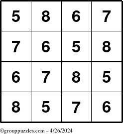 The grouppuzzles.com Answer grid for the Sudoku-4-5678 puzzle for Friday April 26, 2024