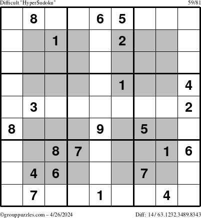 The grouppuzzles.com Difficult HyperSudoku puzzle for Friday April 26, 2024