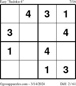 The grouppuzzles.com Easy Sudoku-4 puzzle for Thursday March 14, 2024