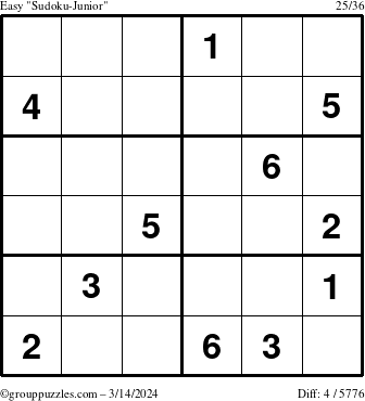 The grouppuzzles.com Easy Sudoku-Junior puzzle for Thursday March 14, 2024