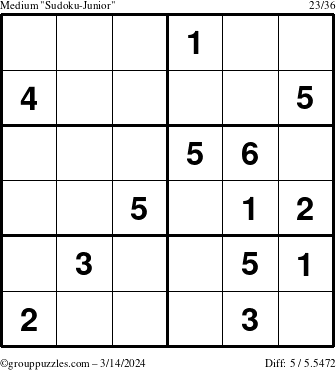 The grouppuzzles.com Medium Sudoku-Junior puzzle for Thursday March 14, 2024