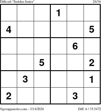 The grouppuzzles.com Difficult Sudoku-Junior puzzle for Thursday March 14, 2024