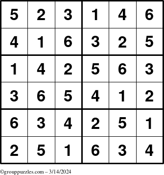 The grouppuzzles.com Answer grid for the Sudoku-Junior puzzle for Thursday March 14, 2024