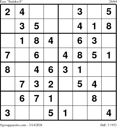 The grouppuzzles.com Easy Sudoku-8 puzzle for Thursday March 14, 2024