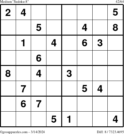 The grouppuzzles.com Medium Sudoku-8 puzzle for Thursday March 14, 2024