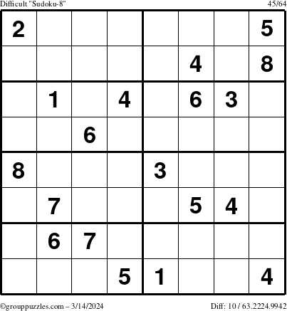 The grouppuzzles.com Difficult Sudoku-8 puzzle for Thursday March 14, 2024