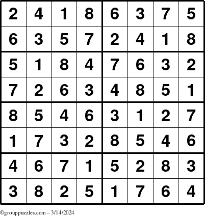 The grouppuzzles.com Answer grid for the Sudoku-8 puzzle for Thursday March 14, 2024
