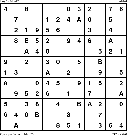 The grouppuzzles.com Easy Sudoku-12 puzzle for Thursday March 14, 2024