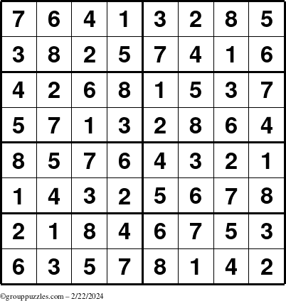 The grouppuzzles.com Answer grid for the Sudoku-8 puzzle for Thursday February 22, 2024