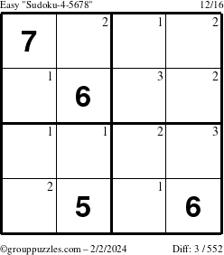 The grouppuzzles.com Easy Sudoku-4-5678 puzzle for Friday February 2, 2024 with the first 3 steps marked
